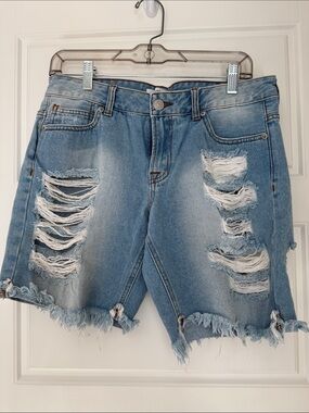 Just USA Light Blue Distressed Denim Bermuda Shorts